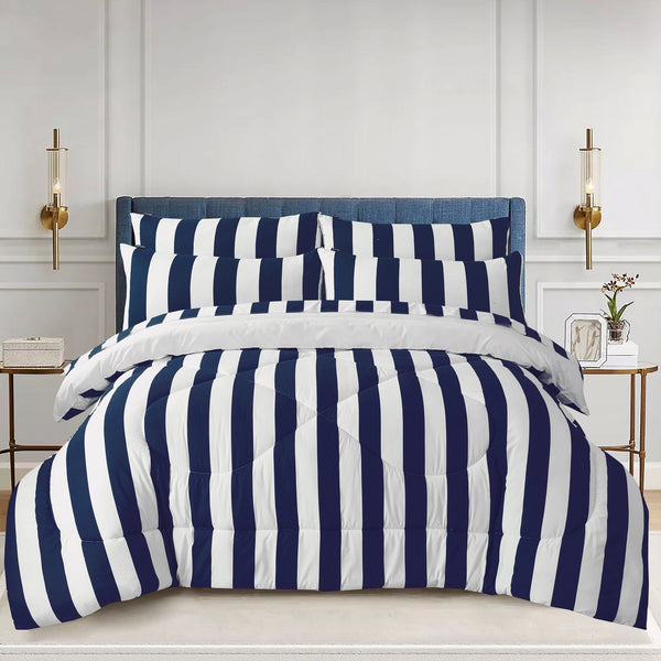 Blue Cabana luxury comforter set with soft cotton and siliconized polyester filling, including a king-size bedsheet, comforter, and pillow covers. Ideal for weddings, offering luxury and comfort, available all over Pakistan